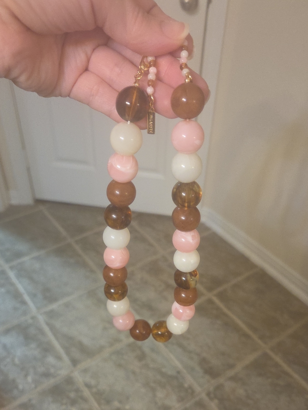 Beaded Statement Necklace in Pink, Cream and Brown